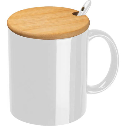 Tasse mit Bambusdeckel und Löffel | Porzellan | Personalisierbar mit Gravur | Geschenkidee für alle | Wunschgravur mit Symbolen | Inkl. Löffel – Geschenkidee