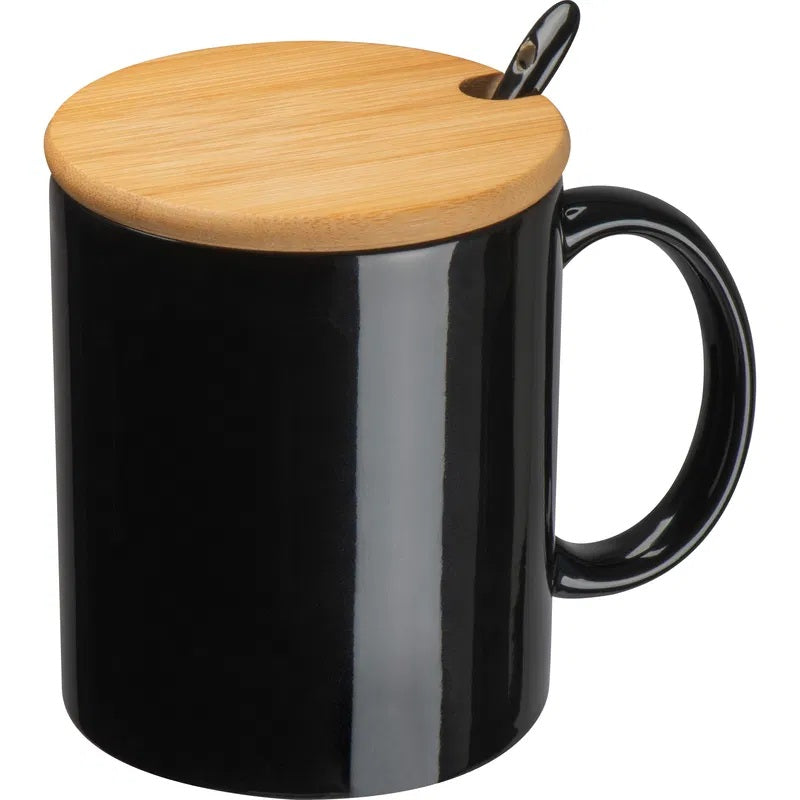 Tasse mit Bambusdeckel und Löffel | Porzellan | Personalisierbar mit Gravur | Geschenkidee für alle | Wunschgravur mit Symbolen | Inkl. Löffel – Geschenkidee