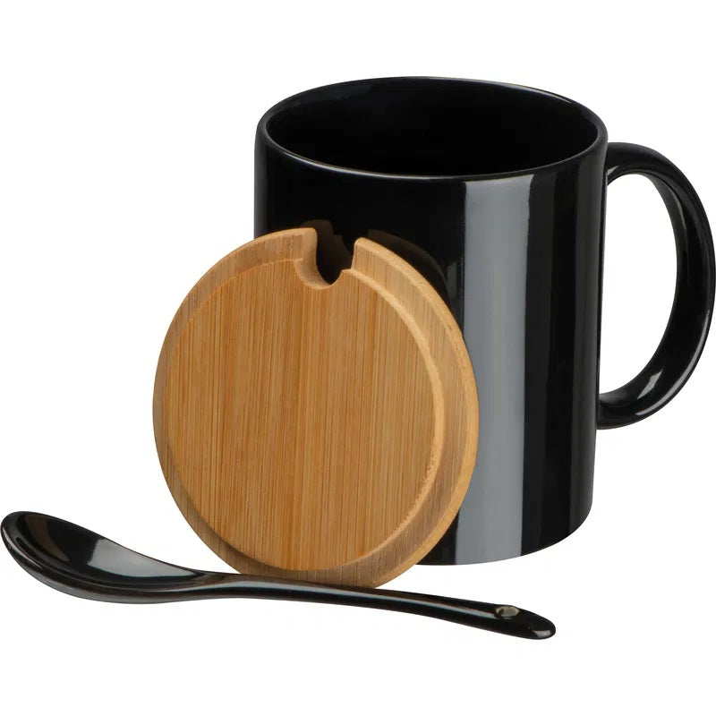 Tasse mit Bambusdeckel und Löffel | Porzellan | Personalisierbar mit Gravur | Geschenkidee für alle | Wunschgravur mit Symbolen | Inkl. Löffel – Geschenkidee