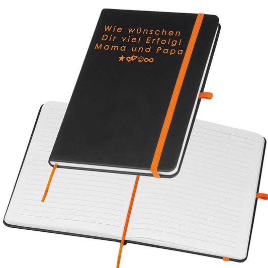 A5 Notizbuch mit farbiger Gravur | Kunstlederumschlag | 192 linierte Seiten | farbiges Lesebändchen | Personalisiert | Notizbuch liniert-Orange