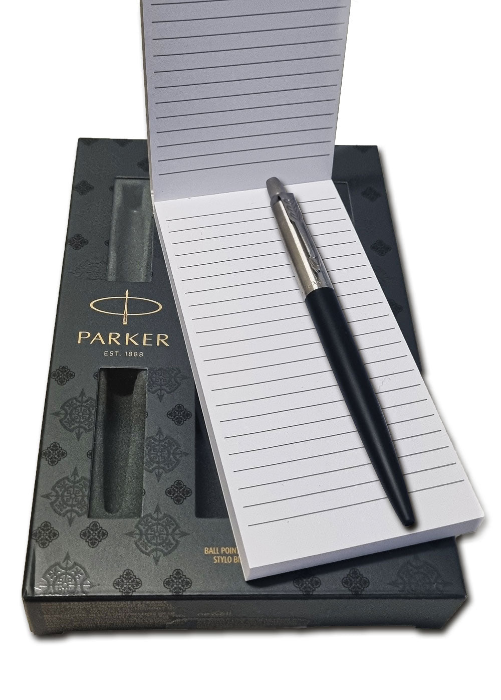 Elegantes Parker Geschenkset inkl. Kugelschreiber und Wunschgravur mit hochwertiger patentierter Quinkflow Nachfüll Großraummine und Parker Notizbuch