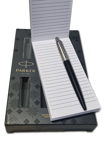 Elegantes Parker Geschenkset inkl. Kugelschreiber und Wunschgravur mit hochwertiger patentierter Quinkflow Nachfüll Großraummine und Parker Notizbuch