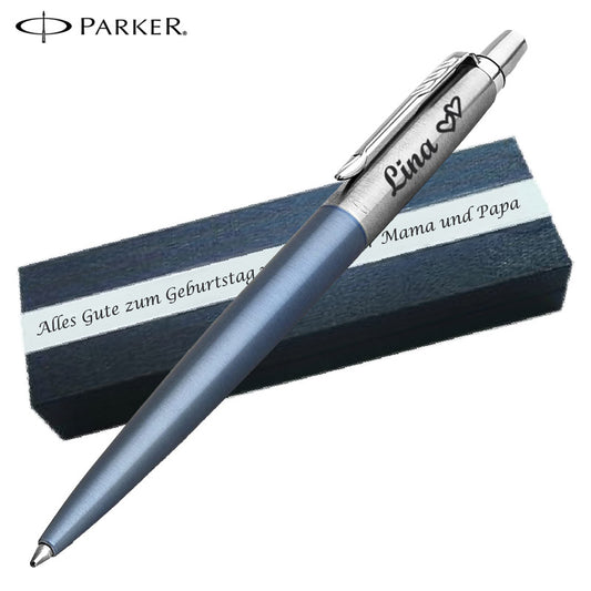 PARKER JOTTER CORE Waterloo Blue C.C. Kugelschreibermit Wunschgravur Mittlere Spitze Blaue Tinte Geschenkbox mit Gravur