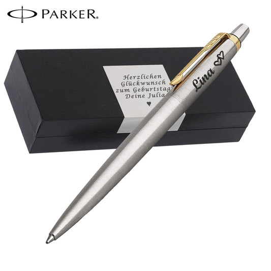 PARKER JOTTER CORE Edelstahl G.C. Kugelschreiber mit Wunschgravur Mittlere Spitze Blaue Tinte Geschenkbox mit Gravur