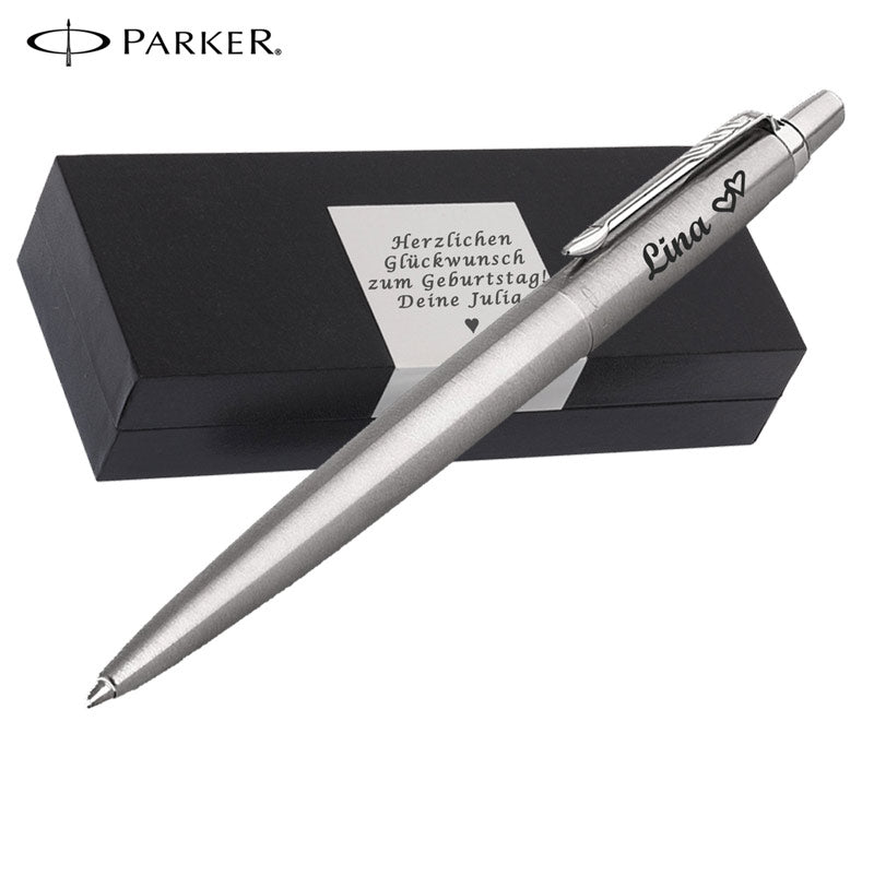 PARKER JOTTER CORE Edelstahl C.C. Kugelschreiber mit Wunschgravur Mittlere Spitze Blaue Tinte Geschenkbox mit Gravur
