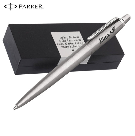 PARKER JOTTER CORE Edelstahl C.C. Kugelschreiber mit Wunschgravur Mittlere Spitze Blaue Tinte Geschenkbox mit Gravur