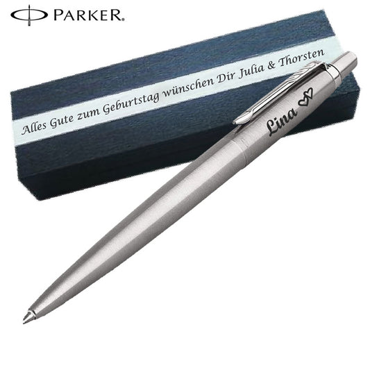PARKER JOTTER CORE Edelstahl C.C. Kugelschreiber mit Wunschgravur Mittlere Spitze Blaue Tinte Geschenkbox mit Gravur