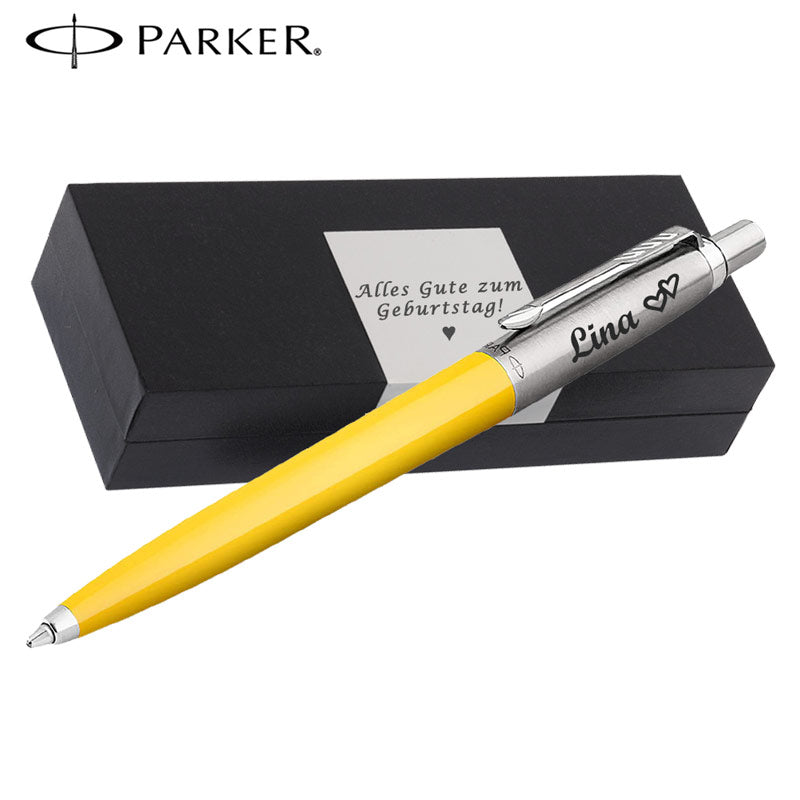 PARKER JOTTER ORIGINALS Yellow Kugelschreiber mit Wunschgravur Mittlere Spitze Blaue Tinte Geschenkbox mit Gravur