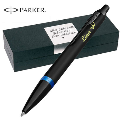Parker IM Vibrant Rings Marine Blue Kugelschreiber mit Gravur - Personaliserter Kugelschreiber mit Gravur inkl. Geschenkbox