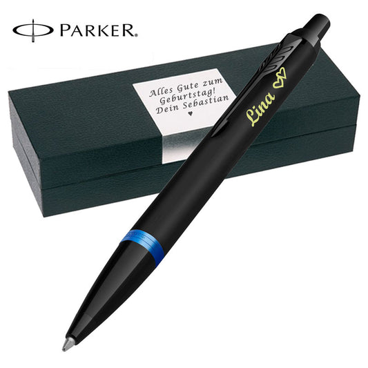 Parker IM Vibrant Rings Marine Blue Kugelschreiber mit Gravur - Personaliserter Kugelschreiber mit Gravur inkl. Geschenkbox