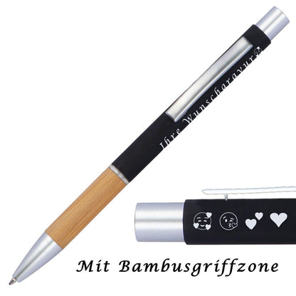 Kugelschreiber mit Gravur | Bambusgriffzone | Blau schreibend | Kugelschreiber personalisiert | Wunschgravur mit Symbolen möglich | mit Box | 6 Farben