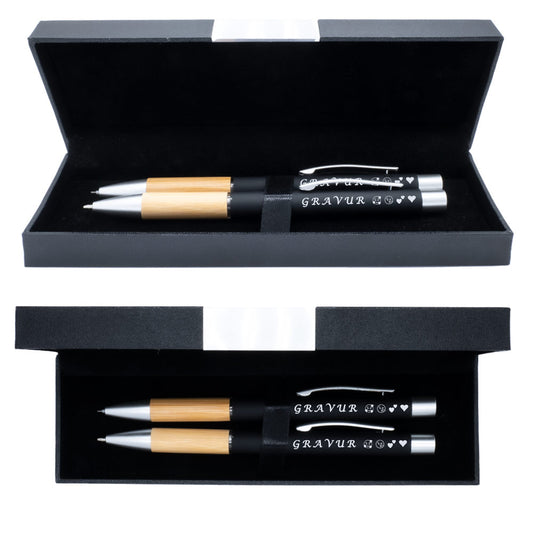Schreibset Kugelschreiber und Bleistit mit Gravur mit Bambusgriffzone | Schreibset personalisiert mit Wunschname|