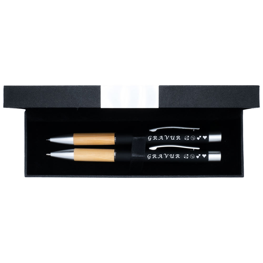 Schreibset Kugelschreiber und Bleistit mit Gravur mit Bambusgriffzone | Schreibset personalisiert mit Wunschname|