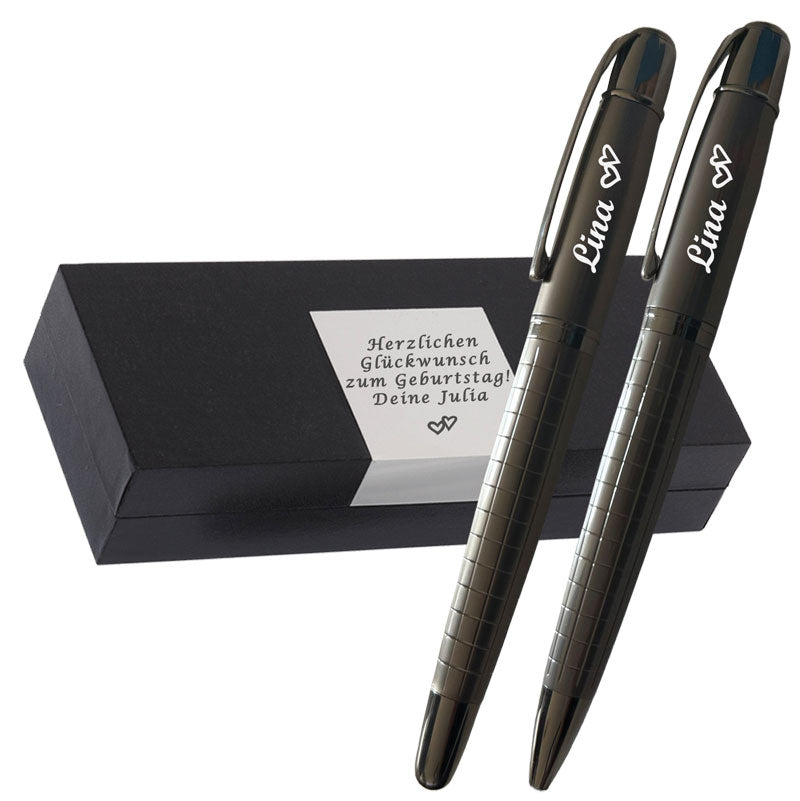 Edles 2er Schreibset in Gun-Metal-Optik – Mit Wunschgravur,Personalisierbar, Symbolen & elegantem Muster – Persönliches Geschenk