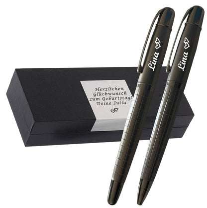 Edles 2er Schreibset in Gun-Metal-Optik – Mit Wunschgravur,Personalisierbar, Symbolen & elegantem Muster – Persönliches Geschenk