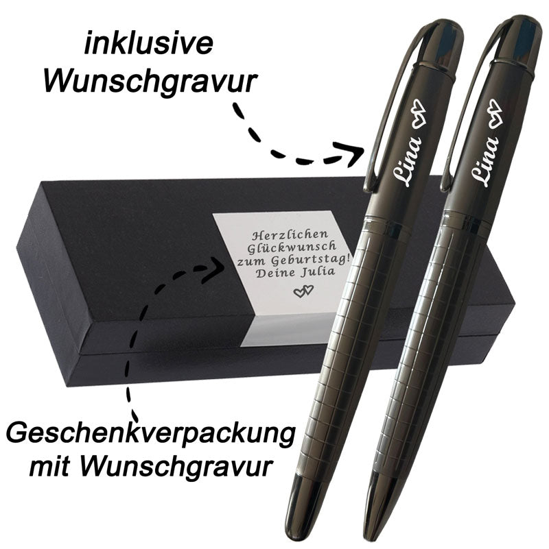 Edles 2er Schreibset in Gun-Metal-Optik – Mit Wunschgravur,Personalisierbar, Symbolen & elegantem Muster – Persönliches Geschenk