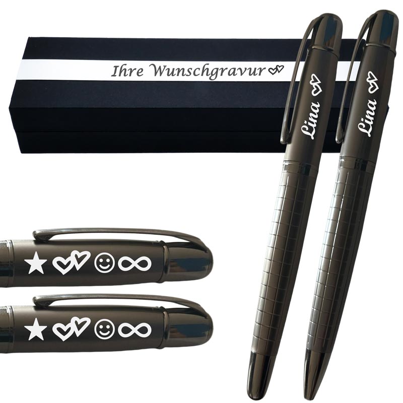 Edles 2er Schreibset in edler Gun-Metal-Optik – Mit Wunschgravur, Symbolen & elegantem Muster – Persönliches Geschenk
