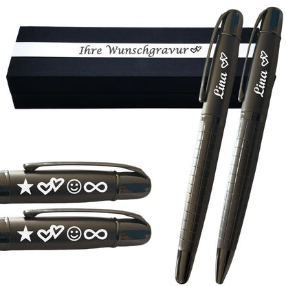 Edles 2er Schreibset in edler Gun-Metal-Optik – Mit Wunschgravur, Symbolen & elegantem Muster – Persönliches Geschenk
