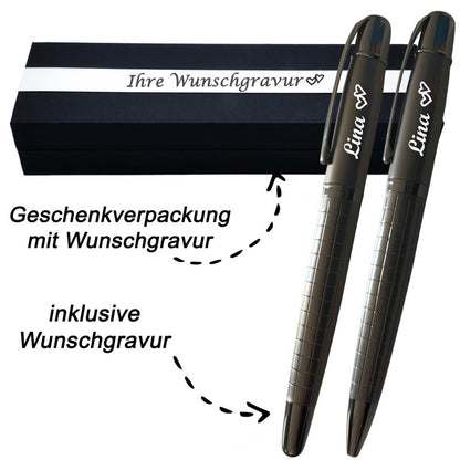 Edles 2er Schreibset in edler Gun-Metal-Optik – Mit Wunschgravur, Symbolen & elegantem Muster – Persönliches Geschenk