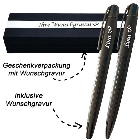 Edles 2er Schreibset in edler Gun-Metal-Optik – Mit Wunschgravur, Symbolen & elegantem Muster – Persönliches Geschenk
