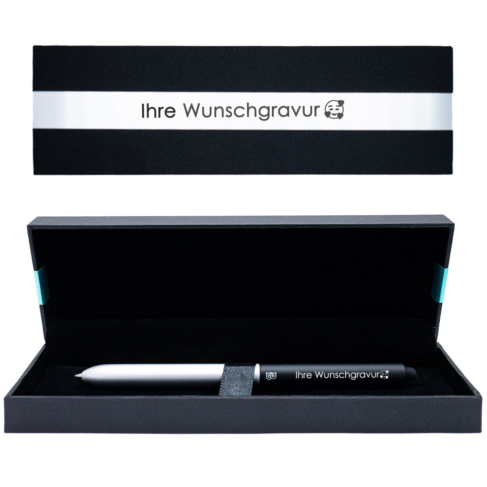 Kugelschreiber Schwarz / Silber mit Gravur | Wunschgravur mit Emojis möglich | Kugelschreiber Geschenk personalisiert | Touchpen-Spitze