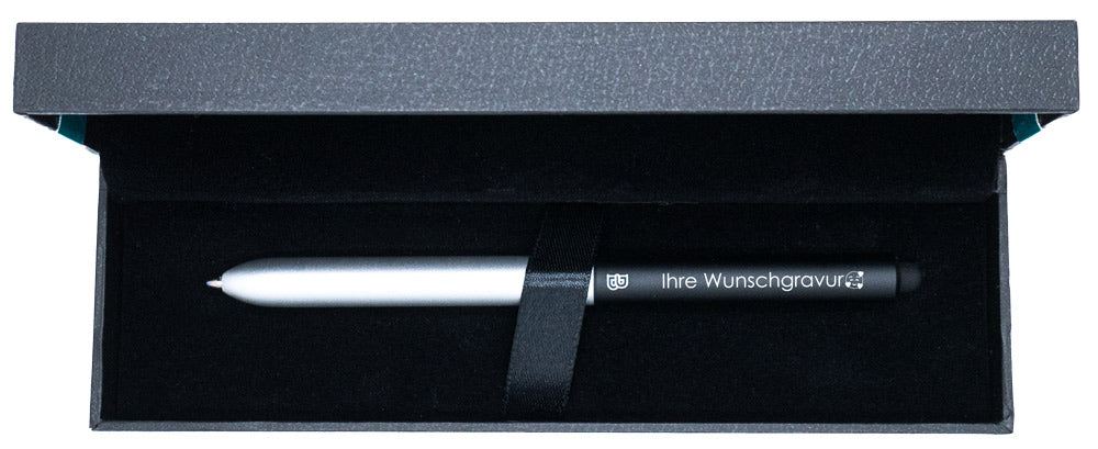 Kugelschreiber Schwarz / Silber mit Gravur | Wunschgravur mit Emojis möglich | Kugelschreiber Geschenk personalisiert | Touchpen-Spitze