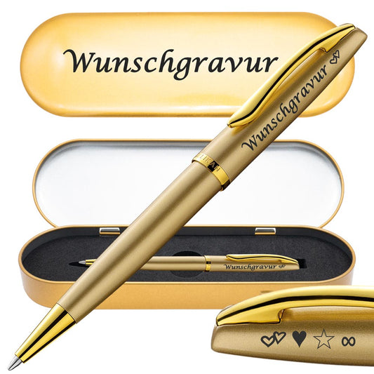 PeIikan Kugelschreiber mit Gravur als Geschenk | inkl. Etui gold mit Wunschgravur (Platz für 10 Stifte) | Emoji Gravur | Kugelschreiber Jazz Noble Elegance Gold