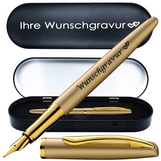 Pelikan Füllhalter Jazz® Noble Elegance mit Gravur als Geschenk | inkl. Etui schwarz mit Wunschgravur (Platz für 10 Stifte) | Emojis Gravur möglich | Farbe Gold | personalisiert mit Wunschgravur
