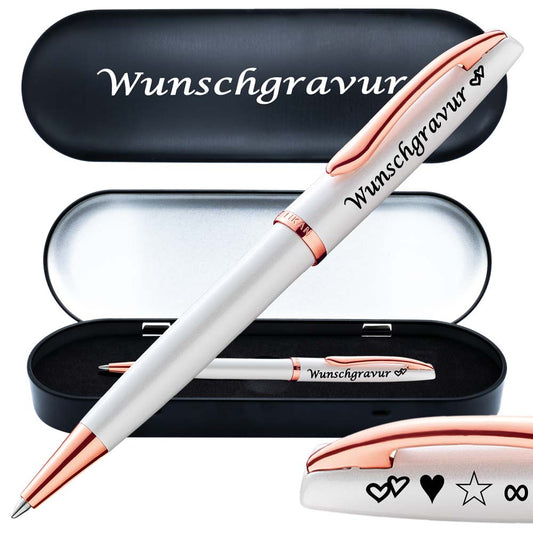 PeIikan Kugelschreiber mit Gravur als Geschenk | inkl. Etui mit Wunschgravur (Platz für 10 Stifte) | Emoji Gravur | Kugelschreiber Jazz Noble Elegance Perlmutt Weiß