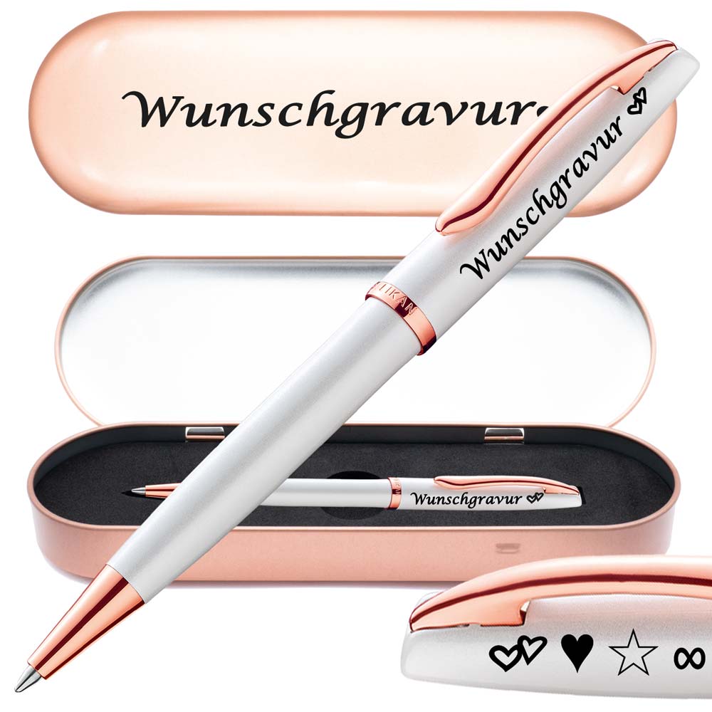 PeIikan Kugelschreiber mit Gravur als Geschenk | inkl. Etui mit Wunschgravur (Platz für 10 Stifte) | Emoji Gravur | Kugelschreiber Jazz Noble Elegance Perlmutt Weiß