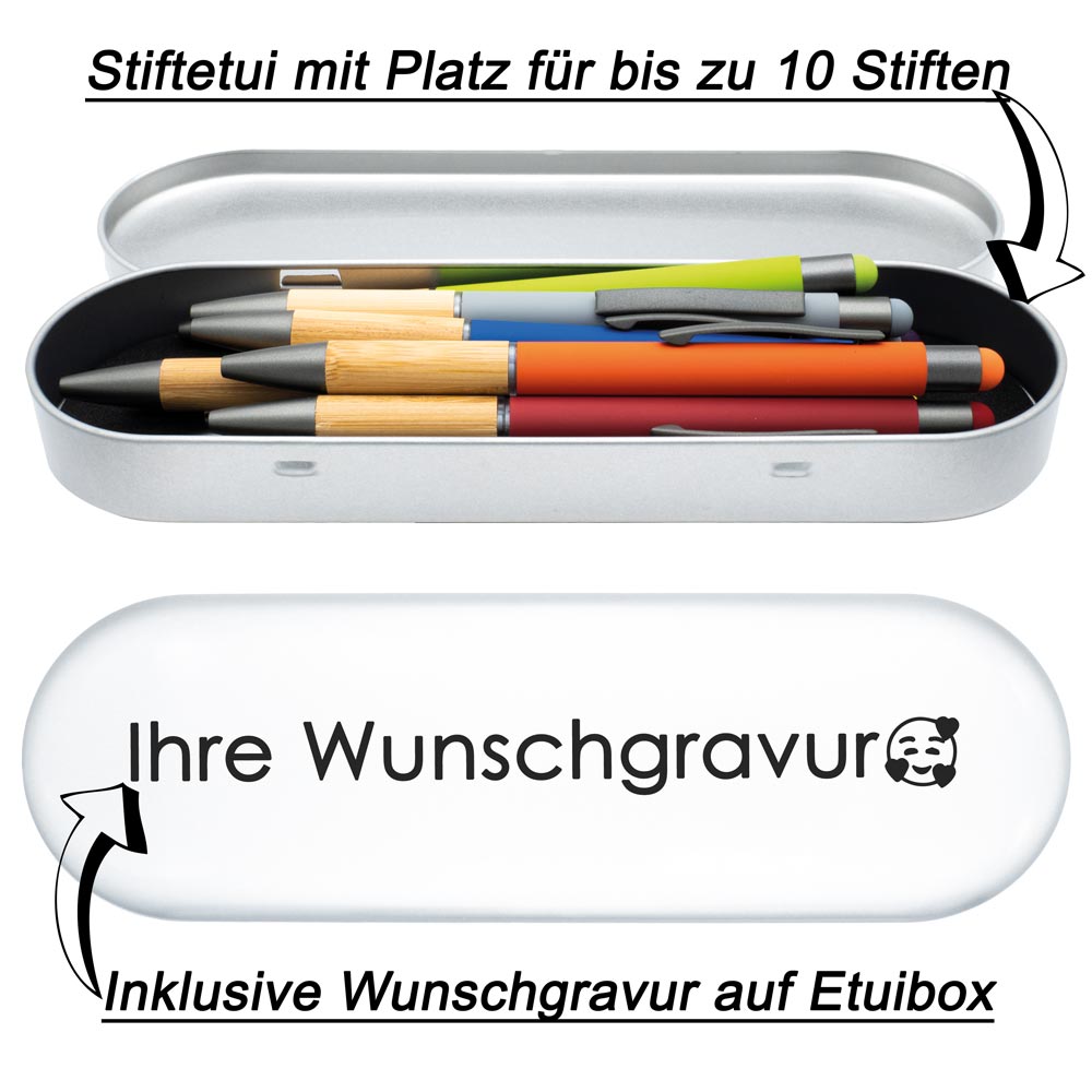PeIikan Kugelschreiber mit Gravur als Geschenk | inkl. Etui mit Wunschgravur (Platz für 10 Stifte) | Emoji Gravur | Kugelschreiber Jazz Noble Elegance Silber
