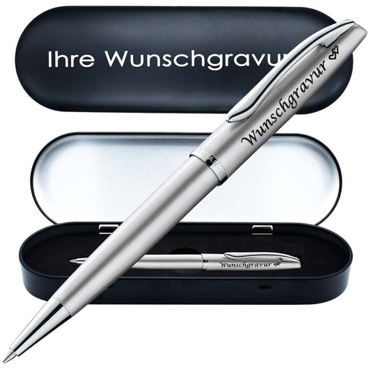 PeIikan Kugelschreiber mit Gravur als Geschenk | inkl. Etui mit Wunschgravur (Platz für 10 Stifte) | Emoji Gravur | Kugelschreiber Jazz Noble Elegance Silber