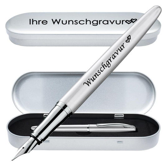 Pelikan Füllhalter Jazz® Noble Elegance mit Gravur als Geschenk | inkl. Etui mit Wunschgravur (Platz für 10 Stifte) | Emojis Gravur möglich | Farbe Silber | personalisiert mit Wunschgravur