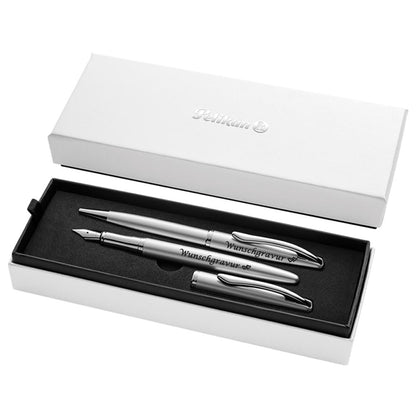 Pelikan Füller & Kugelschreiber Jazz® Noble Elegance im Set mit Wunschgravur | inkl. Geschenkeuti | Emoji Gravur | Silber