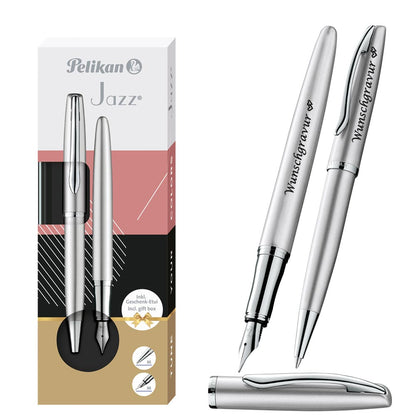 Pelikan Füller & Kugelschreiber Jazz® Noble Elegance im Set mit Wunschgravur | inkl. Geschenkeuti | Emoji Gravur | Silber