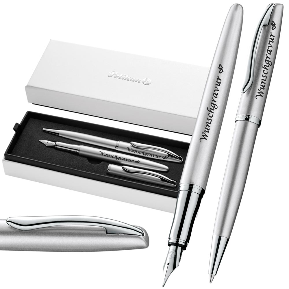 Pelikan Füller & Kugelschreiber Jazz® Noble Elegance im Set mit Wunschgravur | inkl. Geschenkeuti | Emoji Gravur | Silber