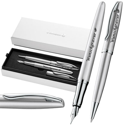 Pelikan Füller & Kugelschreiber Jazz® Noble Elegance im Set mit Wunschgravur | inkl. Geschenkeuti | Emoji Gravur | Silber