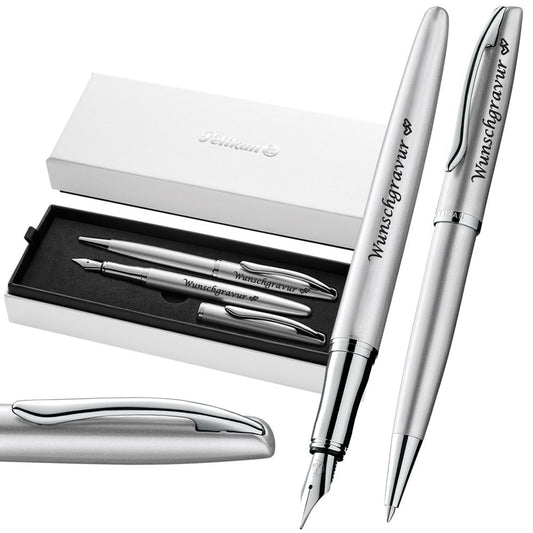 Pelikan Füller & Kugelschreiber Jazz® Noble Elegance im Set mit Wunschgravur | inkl. Geschenkeuti | Emoji Gravur | Silber