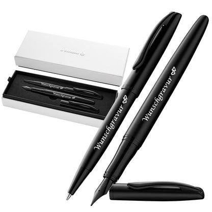 Pelikan Füller & Kugelschreiber Jazz® Noble Elegance im Set mit Wunschgravur | Carbon Schwarz | inkl. Geschenkeuti | Emoji Gravur |