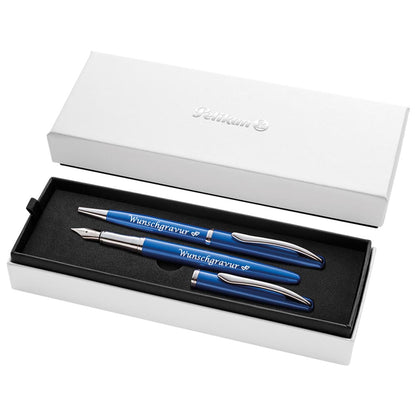 Pelikan Füller & Kugelschreiber Jazz® Noble Elegance im Set mit Wunschgravur | Saphire Blau | inkl. Geschenkeuti | Emoji Gravur |