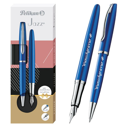 Pelikan Füller & Kugelschreiber Jazz® Noble Elegance im Set mit Wunschgravur | Saphire Blau | inkl. Geschenkeuti | Emoji Gravur |