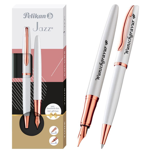 Pelikan Füller & Kugelschreiber Jazz® Noble Elegance im Set mit Wunschgravur | inkl. Geschenkeuti | Emoji Gravur | Perlmutt Weiß |