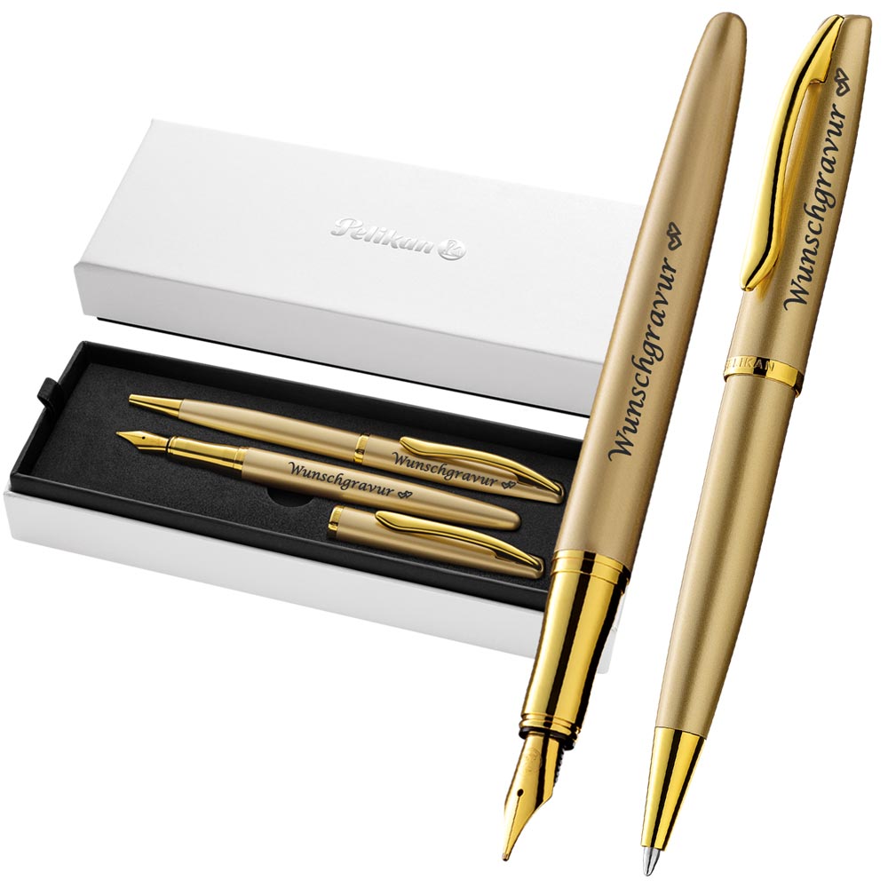 Pelikan Füller & Kugelschreiber Jazz® Noble Elegance im Set mit Wunschgravur | Gold Gelb | inkl. Geschenkeuti | Emojis Gravur |