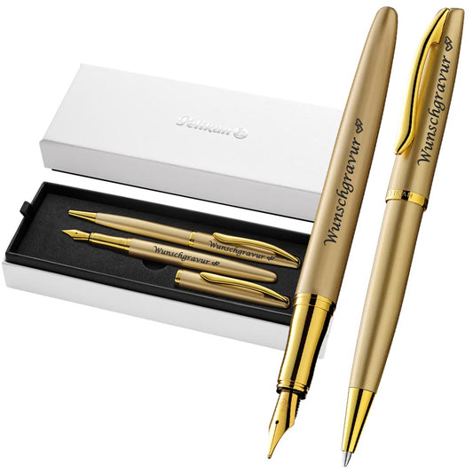Pelikan Füller & Kugelschreiber Jazz® Noble Elegance im Set mit Wunschgravur | Gold Gelb | inkl. Geschenkeuti | Emojis Gravur |