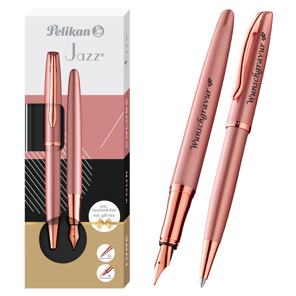 Pelikan Füller & Kugelschreiber Jazz® Noble Elegance im Set mit Wunschgravur | inkl. Geschenkeuti | Emoji Gravur | Pink Rose