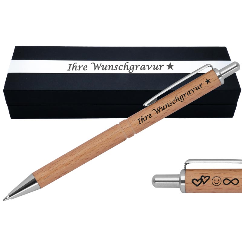 Personalisiertes Geschenk: Kugelschreiber Aus Holz Mit Wunsch-Gravur & Goldenen Applikationen