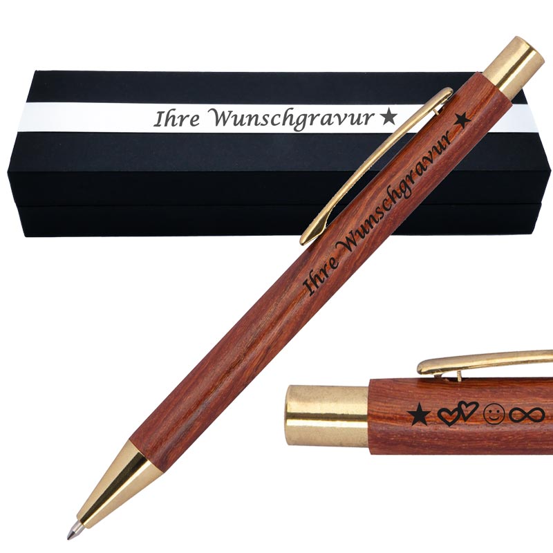 Kugelschreiber aus Holz  mit goldenen Applikationen | blau schreibend | Kugelschreiber personalisiert |