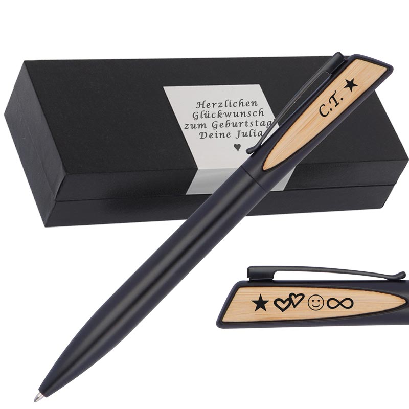 Schwarzer Kugelschreiber mit Gravur mit Bambusapplikationen auf beiden Seiten | blau schreibend | Kugelschreiber personalisiert |