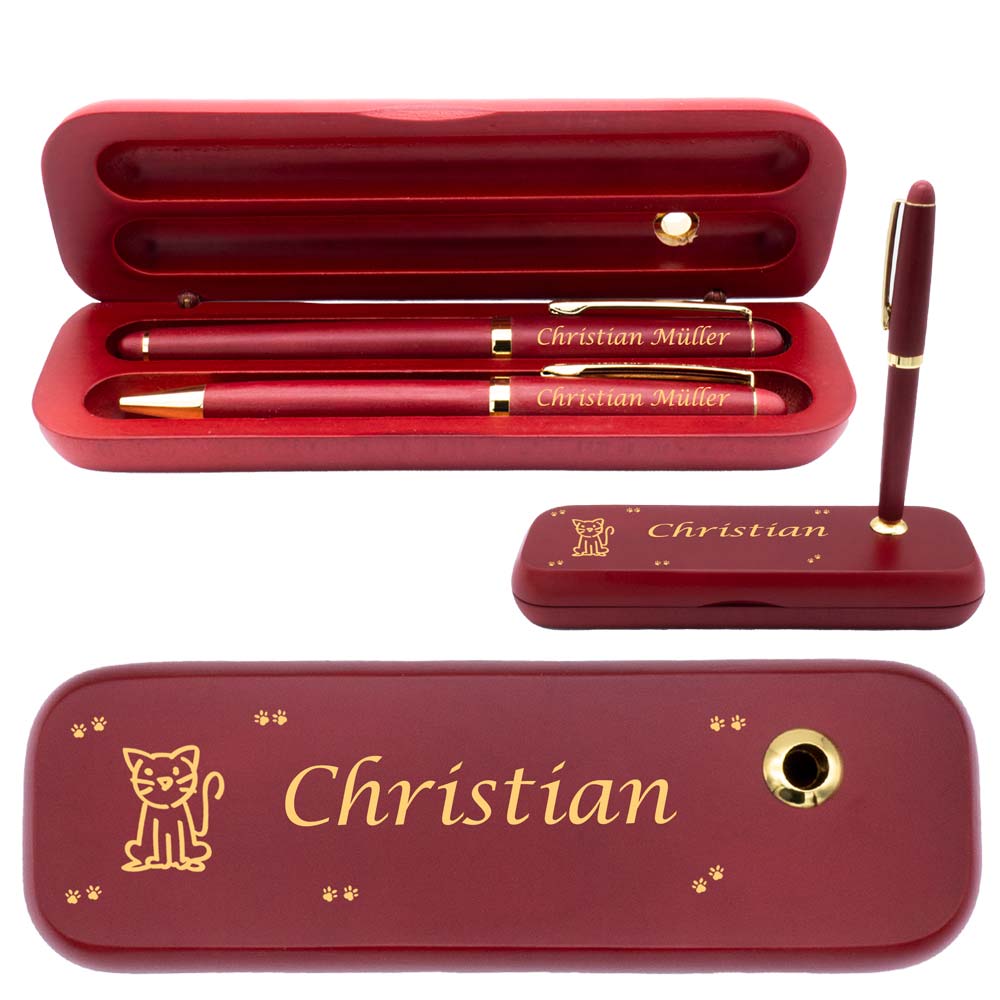 Holz Schreibset | Kugelschreiber und Füllfederhalter mit Wunschgravur | zzgl. Holzbox inkl. Wunschgravur | Holzbox mit Kugelschreiberständer…