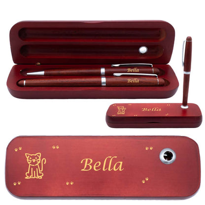 Holz Schreibset mit Box | Box, Kugelschreiber und Füllfederhalter mit Wunschgravur | Holzbox mit Kugelschreiberständer | blau schreibend